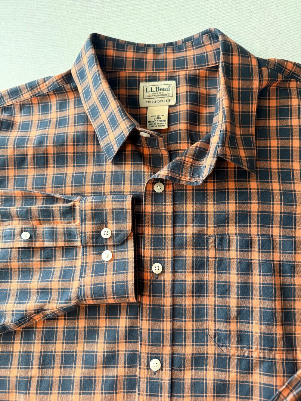 L.L.Bean Shirt Men's L Traditional Fit Orange Navy Plaid 100% Cotton 520396